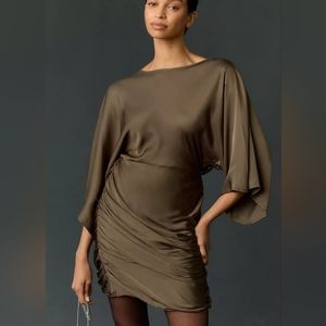 Anthropologie Satin Ruched Mini Dress size medium olive